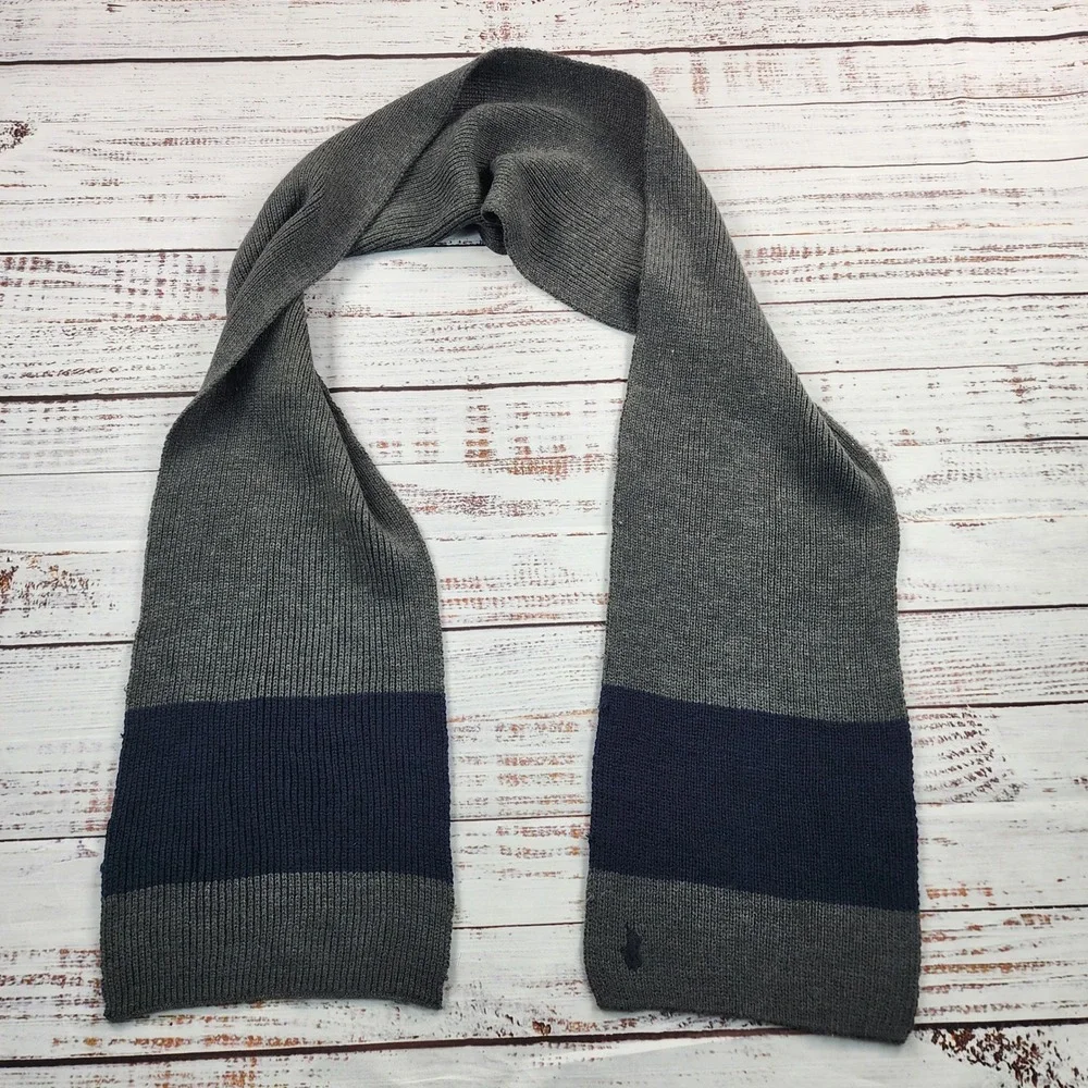 Polo Ralph Lauren Men's Colorblock Rib Knit Scarf One Size Gray Navy Pony